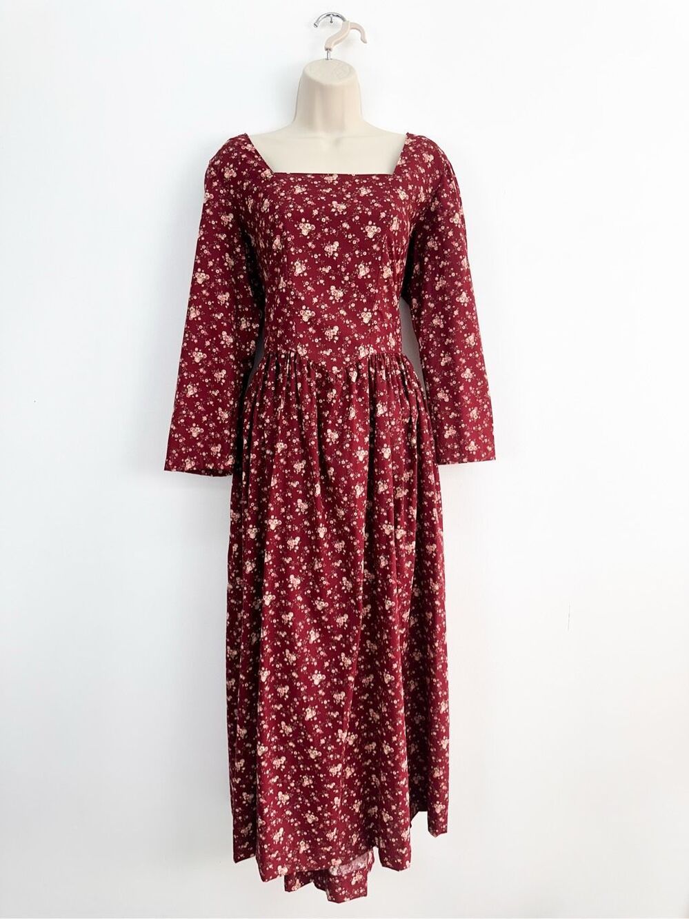 Handmade Women’s Burgundy White Floral Long Sleeve Prairie Inspired Maxi Dress